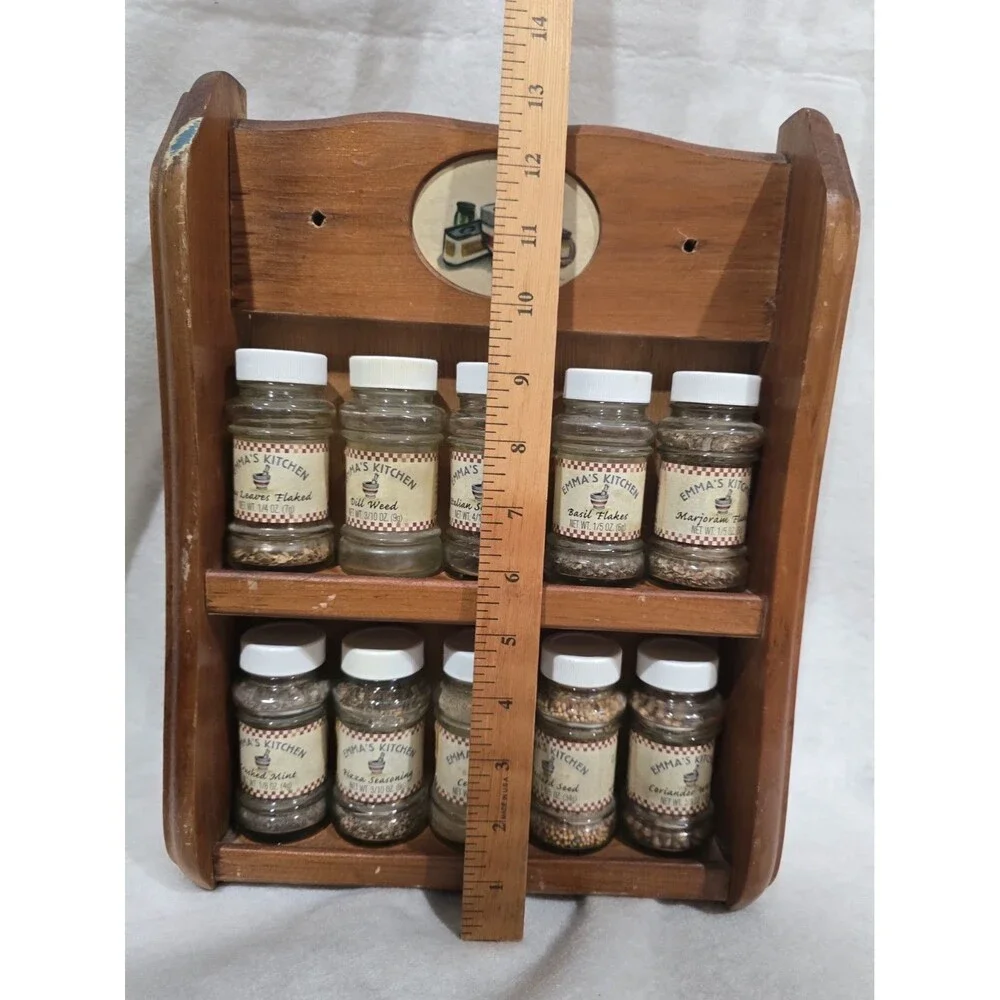 Vintage Emma's Kitchen Wooden Spice Rack 2 Tier Wall Mount 10 Glass Jars MCM